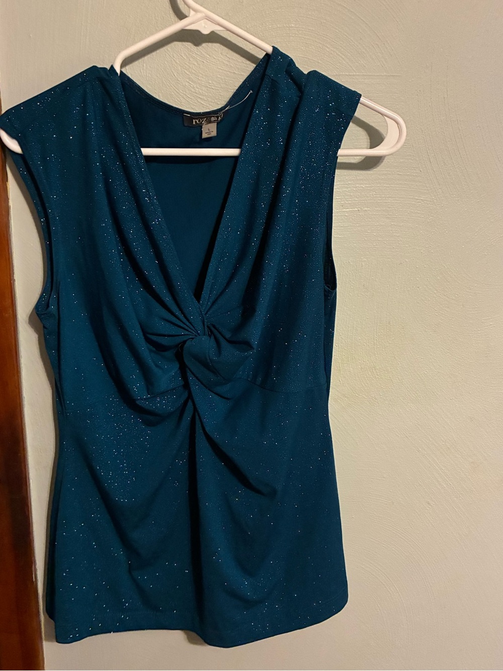 Roz & Ali Teal Glitter Twist-Front Sleeveless Top
